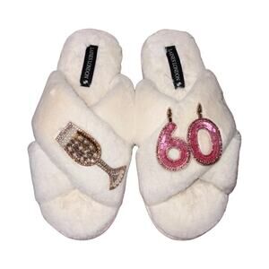 Laines London 60th Birthday White Fluffy Slippers      Size: Large / US 9-10